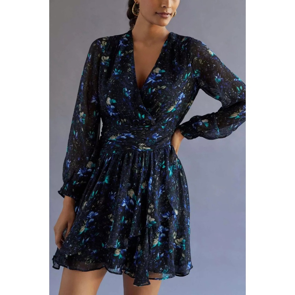 NWT Anthropologie Ruched Floral Mini Dress Womens M Black Blue Floral Boho
